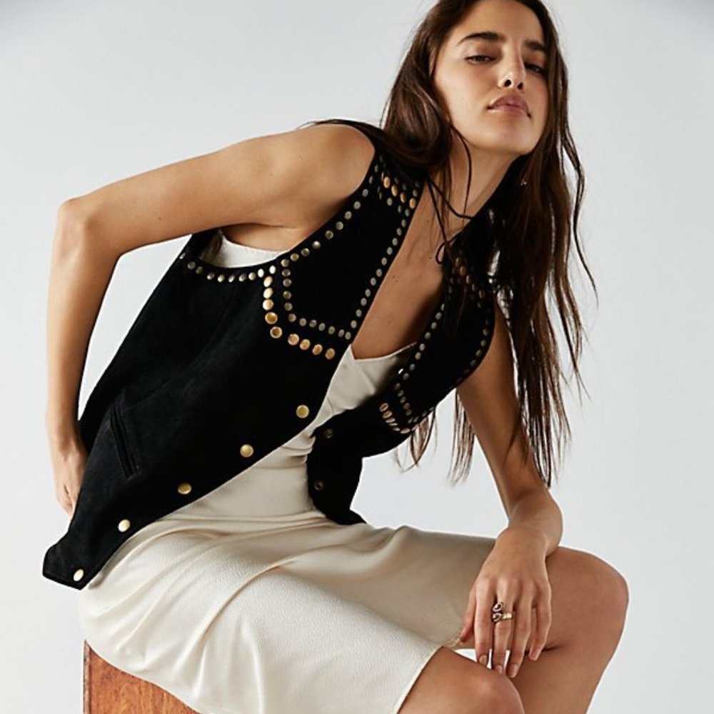 Free People Understated Leather Western Rachel Vest - XS black